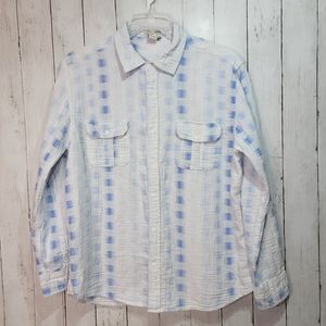 Carbon2Cobalt Men's White Blue Cotton Long Sleeve Button Up Shirt Pockets Large.